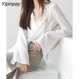 Yipinpay Office Lady Long Flare Sleeve Chiffon Shirt Women Korean Style Button Loose Blouse Tunic 2023 Summer Female Clothing Tops
