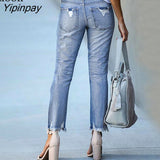 Yipinpay Sexy Stretch Tassel Ripped Jeans Women High Waist Black Blue Trouser Streetwear Distressed Skinny Hole Denim Pencil Pants