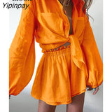 Yipinpay Linen Two Piece Baggy Shirts Set Women Loose Blouse Tops And Shorts High Waist Streetwear 2023 Summer White Outfits Sets