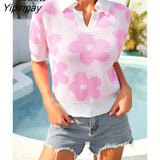 Yipinpay Summer Floral Print Knit T Shirts Loose Top Women Pullovers 2023 New In Knitwears Basic Tees Streetwear Tshirt Sexy Tops