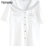 Yipinpay 2023 Summer French style Short Sleeve White Shirt Women Sailor Collar Solid Button Blouse Work Female Clothing Tops