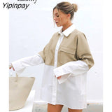 Yipinpay 2023 Spring New Patchwork Full Sleeve Pu Women White Long Shirt Streetwear Oversize Button Woman Tunic Blouse Female Tops