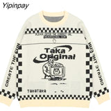 Yipinpay Men's Oversized Pattern Sweater Fashion Loose Trend American Retro Round Neck 2023 Winter Jacquard Knit Sweater Women's Sweater