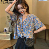Yipinpay Vintage Floral Printing Button Up Women Shirt Notched Neck Short Sleeve Womens Blouse 2023 Summer Loose Tunic Female Shirts