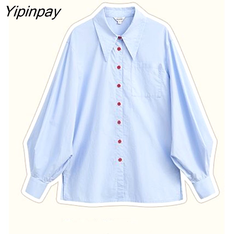 Yipinpay Office Lady Long Lantern Sleeve Women Shirt Vintage Button Up Loose Solid Color Woman Blouse Work 2023 Spring Female Tops