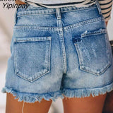 Yipinpay Ripped Skinny Jean Shorts With Tassel Women Mid Waist Summer Streetwear Pockets Distressed Washed Blue Hole Denim Shorts