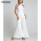 Yipinpay Pleated Halter Backless Tops And Pants 2 Piece Set Women Fashion Solid Wide Leg Trousers Suits 2023 Spring Chic Tracksuits