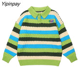 Yipinpay 2023 Winter Long Sleeve Turn Down Collar Women Sweater Striped Korean Style Oversize Ladies Knit Pullover Female Clothing