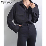 Yipinpay 2023 Spring Minimalist Long Sleeve Woman Black Shirt Korea Style Oversize Button Up Pocket Woman Blouse Clothing Top