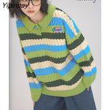 Yipinpay 2023 Winter Long Sleeve Turn Down Collar Women Sweater Striped Korean Style Oversize Ladies Knit Pullover Female Clothing