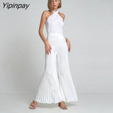Yipinpay Pleated Halter Backless Tops And Pants 2 Piece Set Women Fashion Solid Wide Leg Trousers Suits 2023 Spring Chic Tracksuits