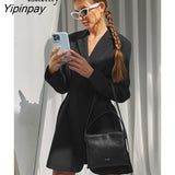 Yipinpay 2023 Spring New Office Lady Long Sleeve Women Blazer Dress Elegant Solid Color Slim Waist Button Black Woman Dresses