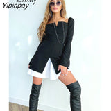 Yipinpay 2023 Spring Minimalist Long Puff Sleeve Women Black Mini Dress Korea Style Fake Two Pieces Fashion Party Woman Dresses