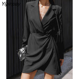 Yipinpay 2023 Spring New Office Lady Long Sleeve Women A-Line Dress French Style Solid Slim Waist Folds Notched Neck Woman Dresses