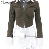 Yipinpay 2023 Autumn Long Sleeve Strecth Shirt Women Sexy Patchwork Slim Ladies Crop Tops Korean Style Female Clothing Blouse