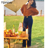 Yipinpay 2023 Winter Korean Style Long Sleeve Corduroy Shirt Women Office Lady Button Up Thick Tunic Blouse Female Clothing Tops