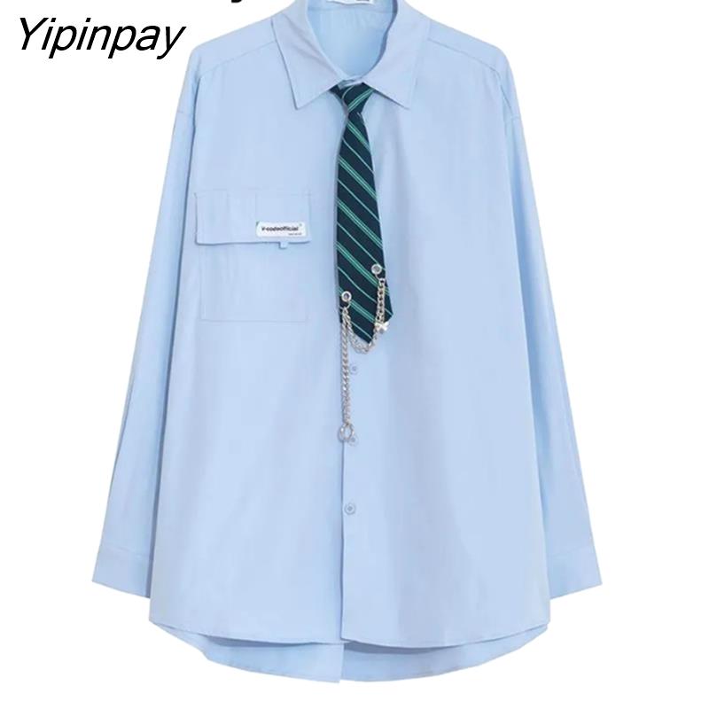 Yipinpay 2023 Spring Japan Style Tie Button Up Solid Shirt Blouse Women JK Long Sleeve Loose Ladies Shirts Oversize Streetwear Top