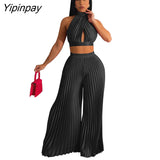 Yipinpay Women Casual Solid Pleated 2 Piece Set Sexy Halter Bra And Wide Leg Pants Suits 2023 Spring Cropped Lace Up Vest Trousers Outfit