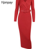 Yipinpay Spring Full Sleeve V Neck Women Long Dress Elegant Sashes Solid Elasticity Cotton Sexy Dresses Empire Party Evening Dress