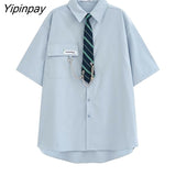 Yipinpay 2023 Spring Japan Style Tie Button Up Solid Shirt Blouse Women JK Long Sleeve Loose Ladies Shirts Oversize Streetwear Top