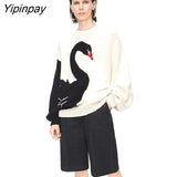 Yipinpay Winter Casual Black Swan Embroidery Women Loose Sweater Y2K Long Sleeve O Neck Patchowrk Knit Ladies Pullovers Fashion Tops