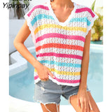 Yipinpay Knit T Shirt Women Knit Top 2023 New Arrivals In Knitwears All Match Basic Tees V Neck Hollow Out Sexy Tshirt Loose Tops