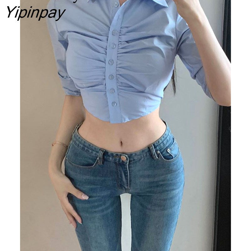 Yipinpay 2023 Summer Half Sleeve Blue Shirt Women Korean style Slim Fold Button Up Ladies Crop Tops Blouse Sexy Female Clothing