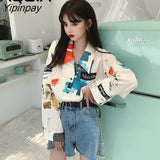 Yipinpay Spring Korean style Long Sleeve Women Blouse Shirt print Loose Oversize Tunic Ladies Shirt Turn Down Collar Female Clothing