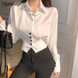 Yipinpay French Style Long Batwing Sleeve Women White Shirt Elegant Necklace Button Slim Ladies Blouse 2023 Summer Female Crop Top