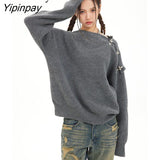 Yipinpay 2023 Winter Streetwear Long Sleeve Sweater Women Metal Buttons Oversize O Neck Ladies Pullover Female Clothing Tops
