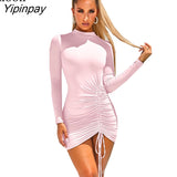 Yipinpay Sexy Ruched Bodycon Mini Dress Women Clothes Fall 2023 Long Sleeve O Neck Lace Up Draped Tight Dresses Woman Party Night