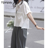 Yipinpay 2023 Summer Short Sleeve Pocket White Shirt Women Minimalist Style Button Up Crop Tops Blouse Casual Female Clothing