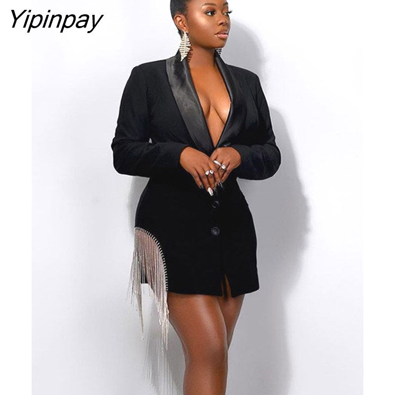 Yipinpay Women Fashion Single Breasted Tassels Blazer Dress 2023 Vintage Beading High Street Dresses Ladies Elegant Chic Slim Blazers