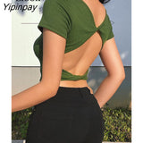 Yipinpay Sexy Knit T Shirt Women Backlees Short Top Short Sleeve Square Neck Basic Tees 2023 Summer Tshirt Green Bodycon Crop Tops