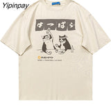 Yipinpay Men Tshirt Oversized Drinking Cat Anime Cotton Print Streetwear Graphic Short Sleeve Korean Fashion Top Harajuku Summer Clothing