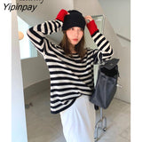 Yipinpay 2023 Winter Korean style Long Sleeve Loose Sweater Women Casual Patchwork Stripe Ladies Pullover Autumn Female Clothing