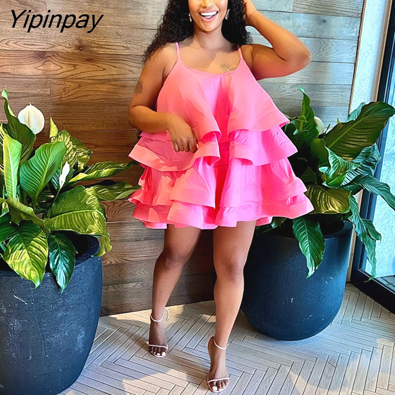 Yipinpay Women Spaghetti Strap Tierred Big Swing Mini Dress 2023 Party Evening Sleeveless Dresses Female High Street Ball Gown Vestidos