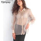 Yipinpay 2023 Spring Elegant Long Sleeve Sheer Women Basic Shirt Office Lady Loose Button Up Woman Tunic Blouse Work Clothing Top