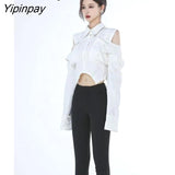 Yipinpay Street Sytle Long Sleeve Off The Shoulder White Shirt Women Slim Y2K Ladies Crop Tops Blouse 2023 Summer Female Clothing