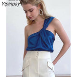 Yipinpay Asymmetric One Shoulder Satin Tank Women Top Summer Streetwear Sleeveless Backless Black Blue Basic Vest Sexy Camis Tops