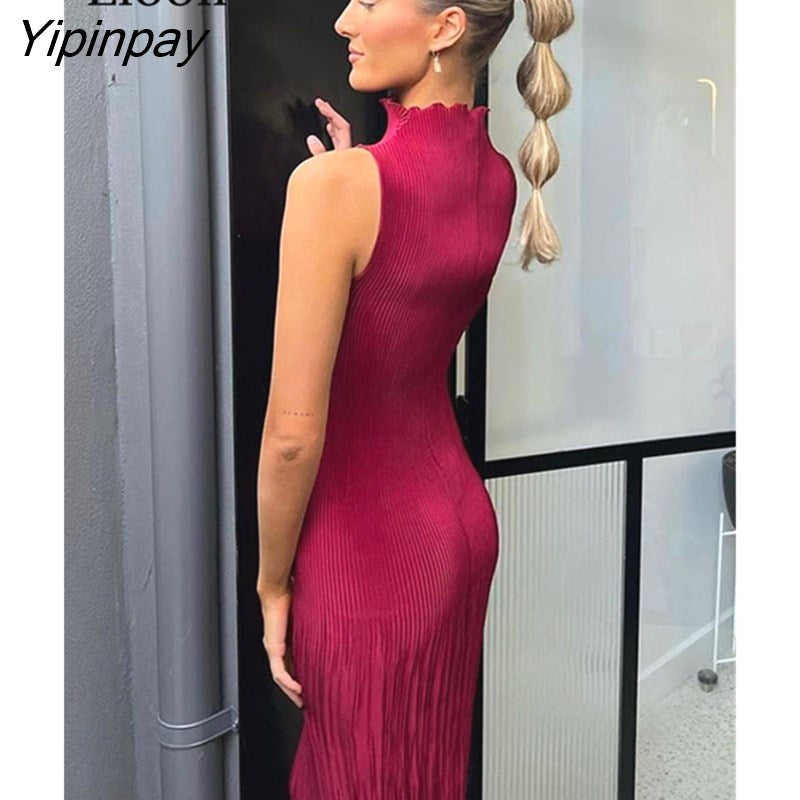Yipinpay Sexy Knitted Ribbed Bodycon Pleated Dress Women Robes Autumn Winter Streetwear Sleeveless O Neck Party Long Maxi Dresses