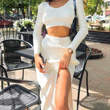Yipinpay Knit Sweater Two Piece Bodycon Set Women Slit Skirt And Short Tops Long Sleeve High Waist Streetwear Autumn Sweaters Sets