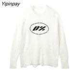 Yipinpay 2023 Winter Streetwear Long Sleeve Frayed Women White Sweater Loose O Neck Print Ladies Pullovers Female Clothing Tops