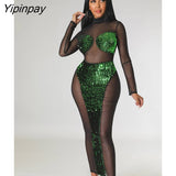 Yipinpay Women Turtleneck Sequins Mesh Patchwork Dress Sexy See Through Long Sleeve Bodycon Dresses 2023 Female Evening Prom Dress