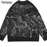 Yipinpay Knitted Ukiyo-e Style Sweater Harajuku Skull Streetwear Graffiti Pullover Woman Autumn Sweater Men Women Cotton Knitwear