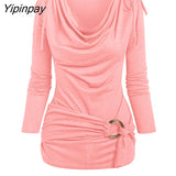 Yipinpay Neck Cinched O Ring Tee Long Sleeve Loose Tops Women's Spring Autumn Style Blouses Shirt