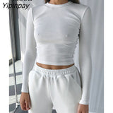 Yipinpay Black White Knit T Shirt Women Ribbed Crop Top Long Sleeve O Neck Basic Tees Short Tshirt Streetwear Sexy Bodycon Tops