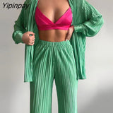 Yipinpay Pleated Printed Suit Women Long Sleeve V Neck Blouse And High Waist Pants Two Piece Sets Female Elegant Trousers Outfits
