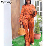 Yipinpay Dot Printing Suits Women Puff Sleeve Blouse And Wide Leg Pants 2 Piece Set 2023 Spring Vacation O Neck Shirt Outfits