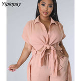 Yipinpay Women Casual Solid Shorts Two Piece Set Short Sleeve Blouse Drawstring Shorts Suit 2023 Summer Lady Fashion Streetwear Outfit
